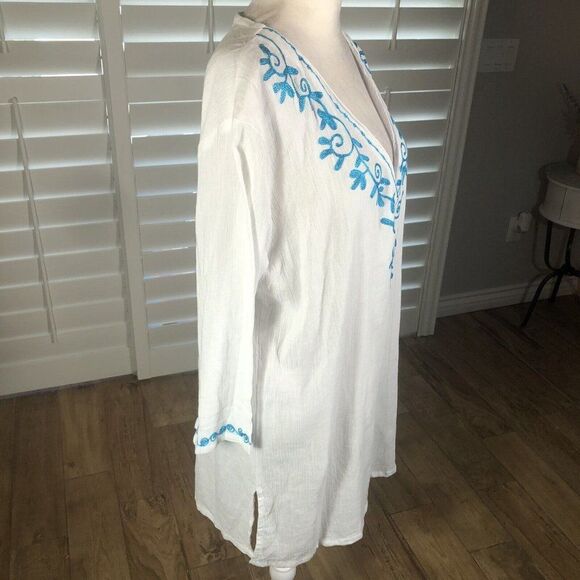 Just Bee White Beach Top Swim Cover L 100% Cotton Gauze 3/4 Sleeve Turquoise - Picture 10 of 12